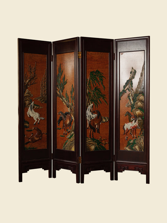 Four-panel wooden screen titled Herd Beneath the Pines, featuring hand-painted horses beneath pine trees in a traditional Chinese landscape style.