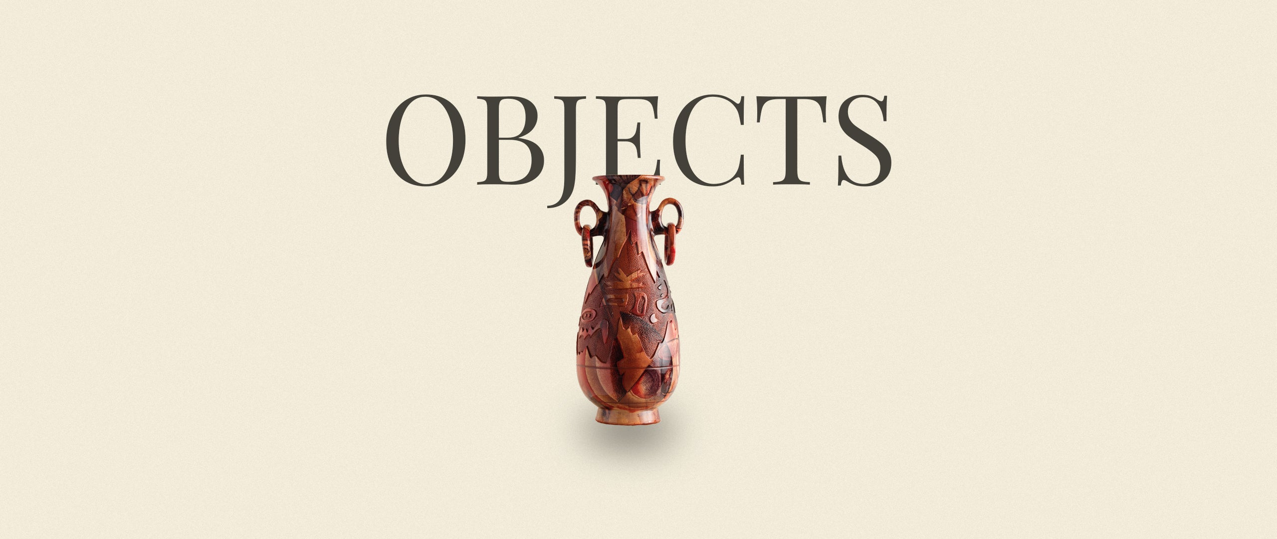 Hero banner for the SYP Homes Objects Collection, showcasing a hand-carved decorative vase with twin loop handles.