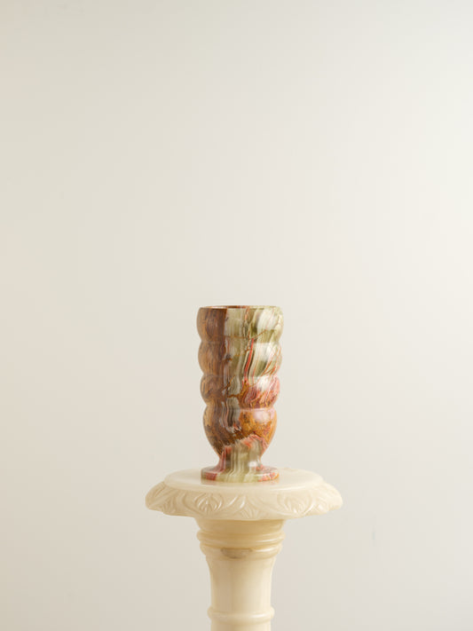 Honey Onyx Ripple Vase with natural striations in warm amber, cream, and green tones, carved in a rippled cylindrical form.