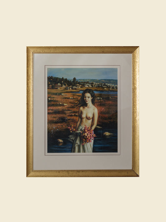 Framed artwork titled “Maiden of the Meadow” featuring a woman holding flowers in a meadow landscape, with gold frame and white mat.