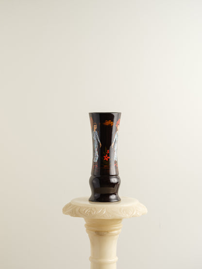 lacquer vase, black vase, hand-painted vase, oriental decor, vintage lacquerware, collectible art, traditional motif, decorative vessel