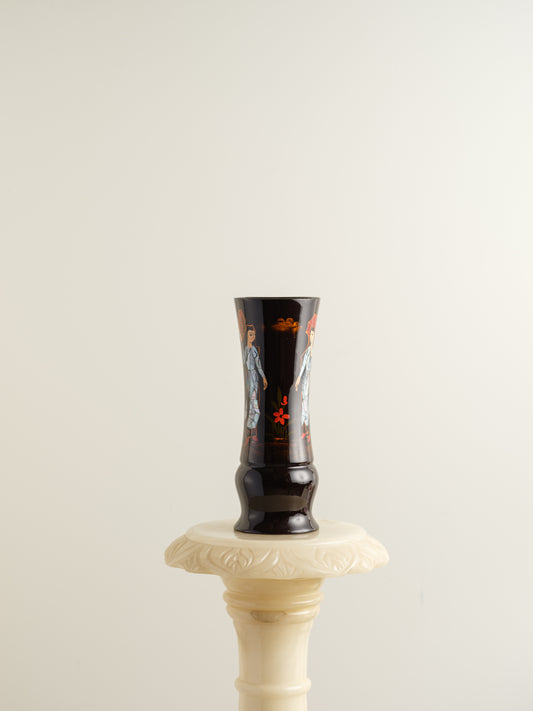 lacquer vase, black vase, hand-painted vase, oriental decor, vintage lacquerware, collectible art, traditional motif, decorative vessel
