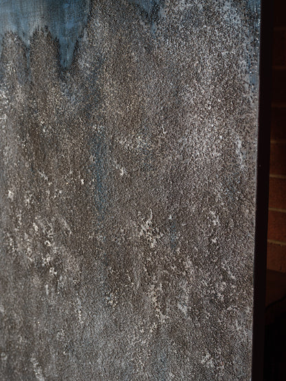Abstract acrylic painting titled Midnight Ridge, featuring textured ridges in grey tones fading into deep midnight blue and black.