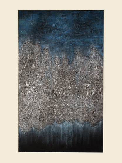 Abstract acrylic painting titled Midnight Ridge, featuring textured ridges in grey tones fading into deep midnight blue and black.