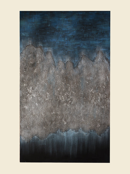 Abstract acrylic painting titled Midnight Ridge, featuring textured ridges in grey tones fading into deep midnight blue and black.