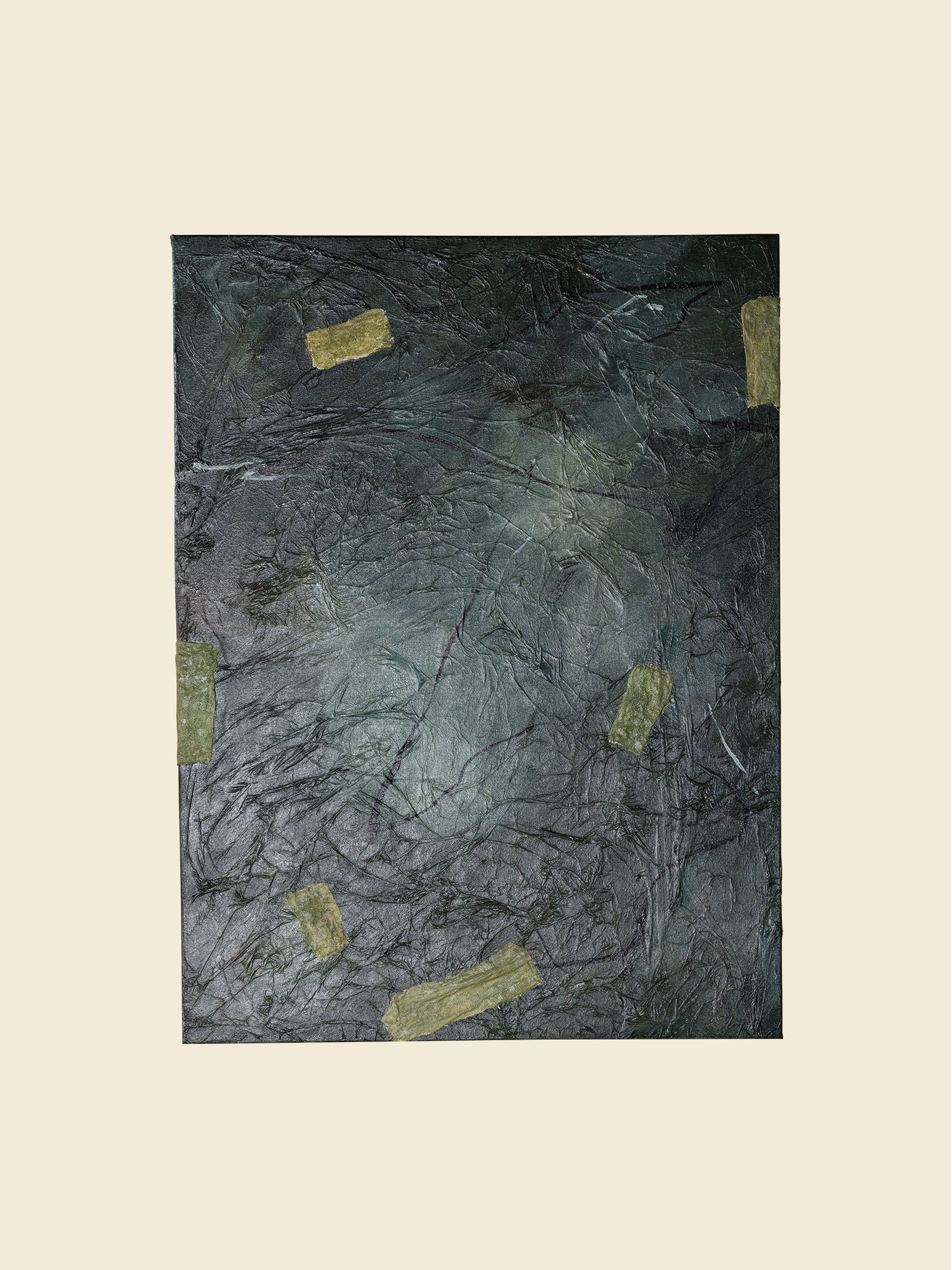 Abstract painting titled Moss & Slate Drift, featuring textured dark green and grey tones with organic golden accents on canvas.