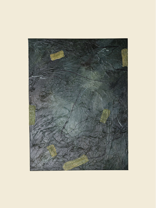 Abstract painting titled Moss & Slate Drift, featuring textured dark green and grey tones with organic golden accents on canvas.