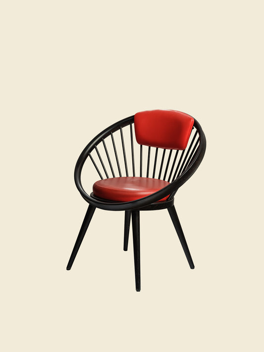 Vintage round chair by Yngve Ekström, 1960s design with black frame and red leather seat and backrest