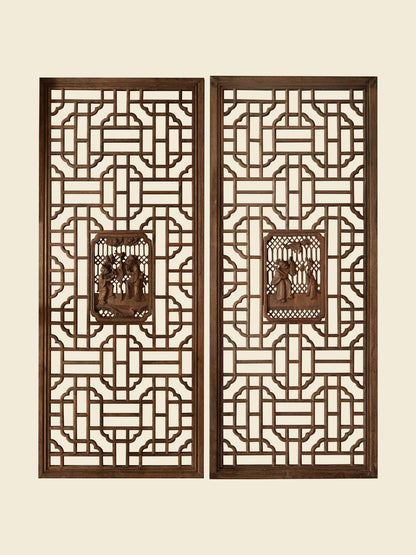 Pair of antique Chinese lattice panels with intricate geometric fretwork and carved scholar scenes in relief at the center.