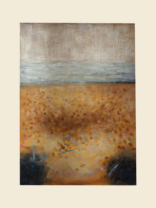 Abstract textured painting titled Shoreline Reverie, depicting layered sandy tones, soft blue horizon, and crackled surface evoking a weathered shoreline.