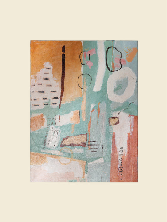 Abstract painting titled Soft Geometry at Dusk, featuring pastel orange, teal, and blush geometric shapes with expressive brushstrokes on canvas.
