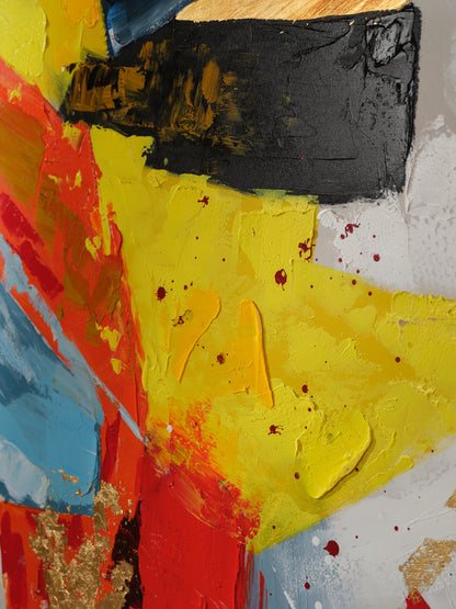 Abstract acrylic painting titled Solar Rift, featuring bold strokes of yellow, red, black, and blue with textured gold accents.