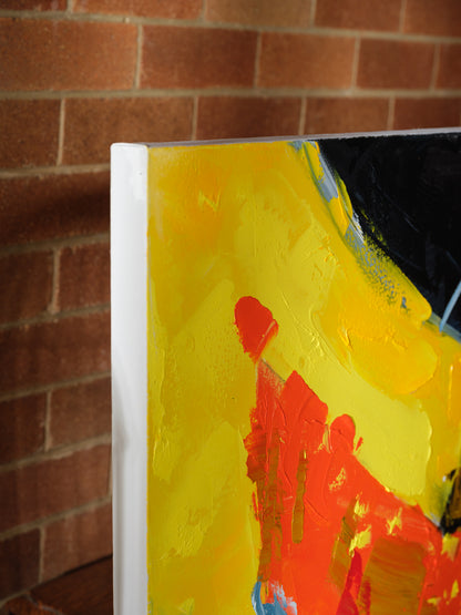 Abstract acrylic painting titled Solar Rift, featuring bold strokes of yellow, red, black, and blue with textured gold accents.