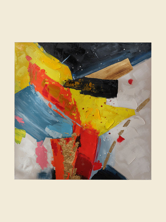 Abstract acrylic painting titled Solar Rift, featuring bold strokes of yellow, red, black, and blue with textured gold accents.