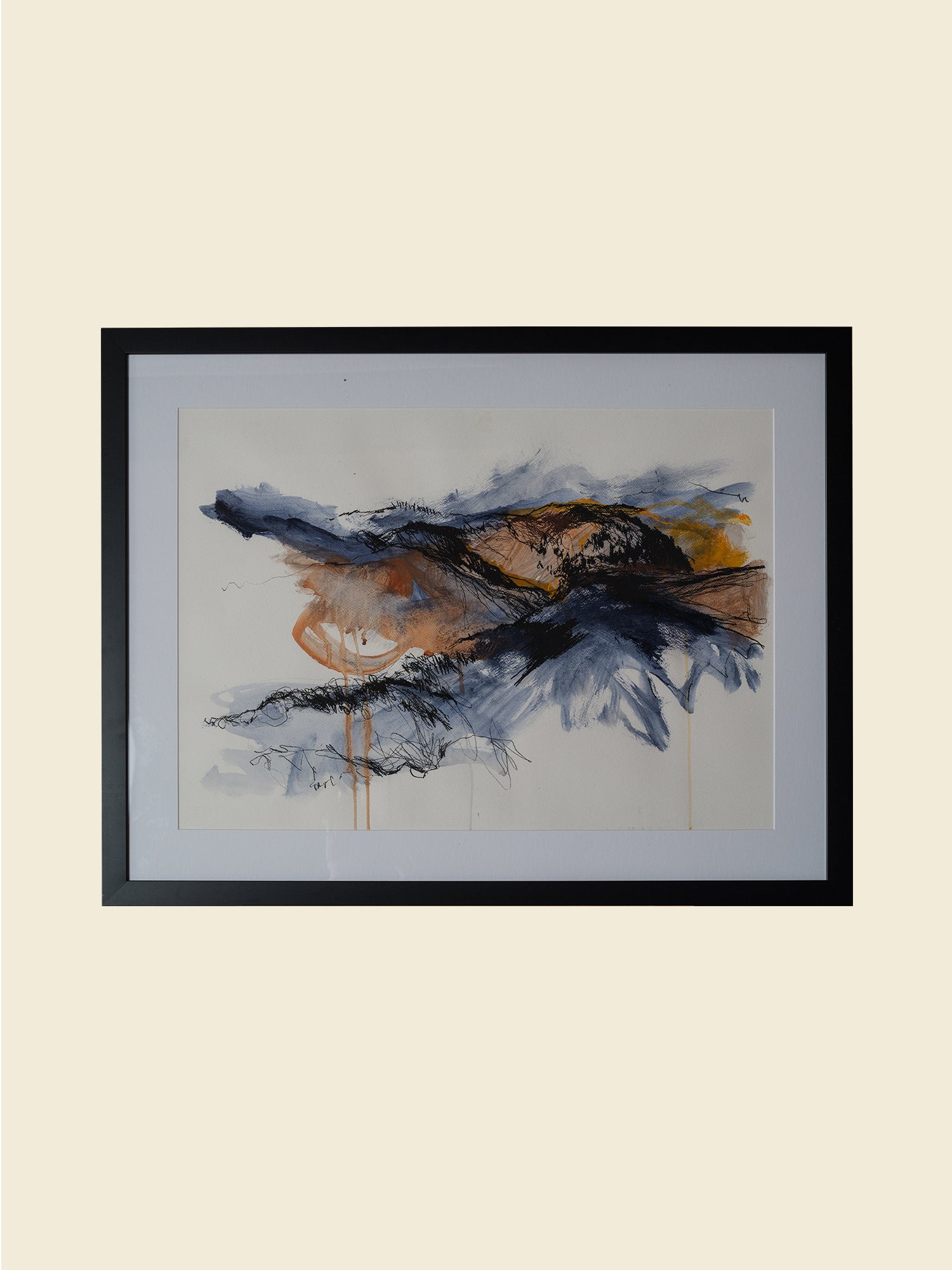 Framed drawing titled Storm Over Ridges (2021) by Melanie Cooper, created with acrylic and charcoal on paper, signed and presented under glass