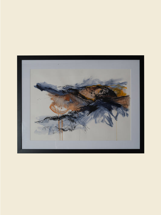 Framed drawing titled Storm Over Ridges (2021) by Melanie Cooper, created with acrylic and charcoal on paper, signed and presented under glass