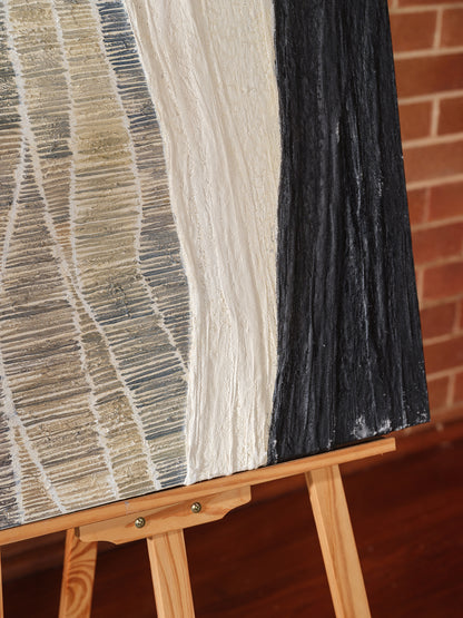 Abstract textured painting titled Tidal Strata I, featuring layered vertical bands in beige, cream, and charcoal tones on canvas.