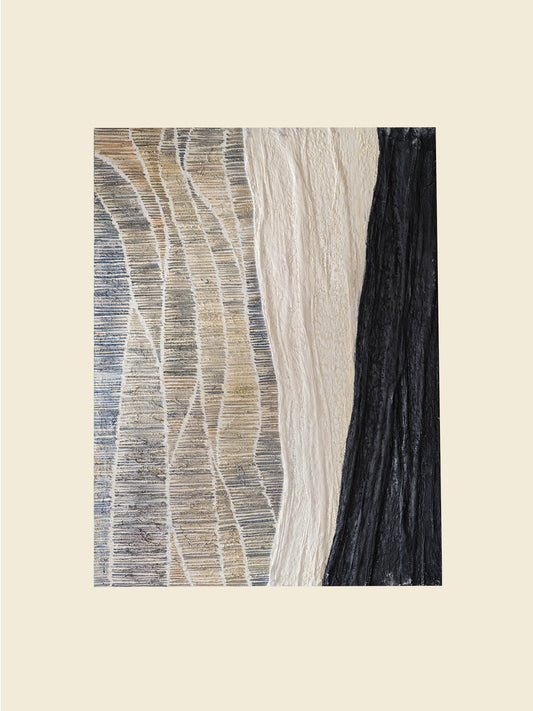Abstract textured painting titled Tidal Strata I, featuring layered vertical bands in beige, cream, and charcoal tones on canvas.