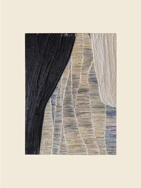 Abstract textured painting titled Tidal Strata II, featuring layered vertical bands in cream, beige, and charcoal tones on canvas.