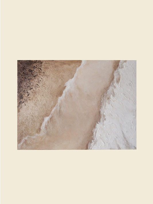 Abstract textured painting titled Tideworn Dune, featuring layered sandy beige and white tones evoking coastal dunes on canvas.