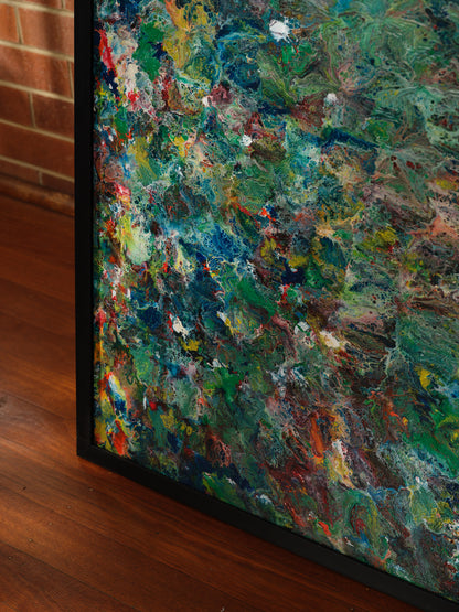 Abstract acrylic painting titled Verdant Drift I, featuring layered green, earthy, and colorful tones evoking organic movement.