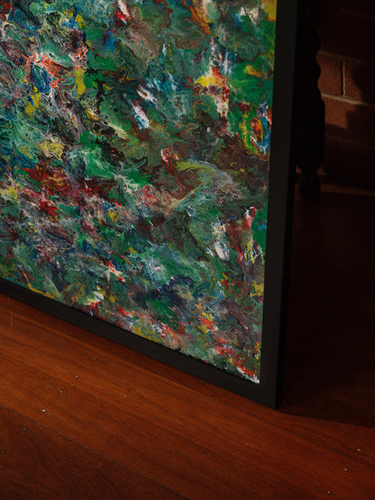 Abstract acrylic painting titled Verdant Drift I, featuring layered green, earthy, and colorful tones evoking organic movement.