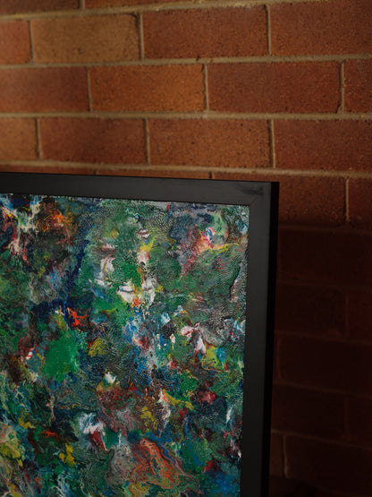 Abstract acrylic painting titled Verdant Drift I, featuring layered green, earthy, and colorful tones evoking organic movement.