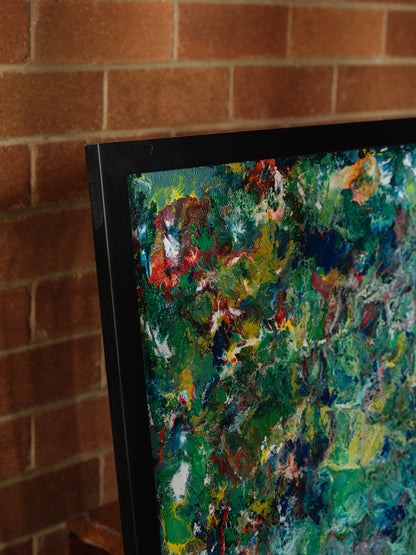Abstract acrylic painting titled Verdant Drift I, featuring layered green, earthy, and colorful tones evoking organic movement.
