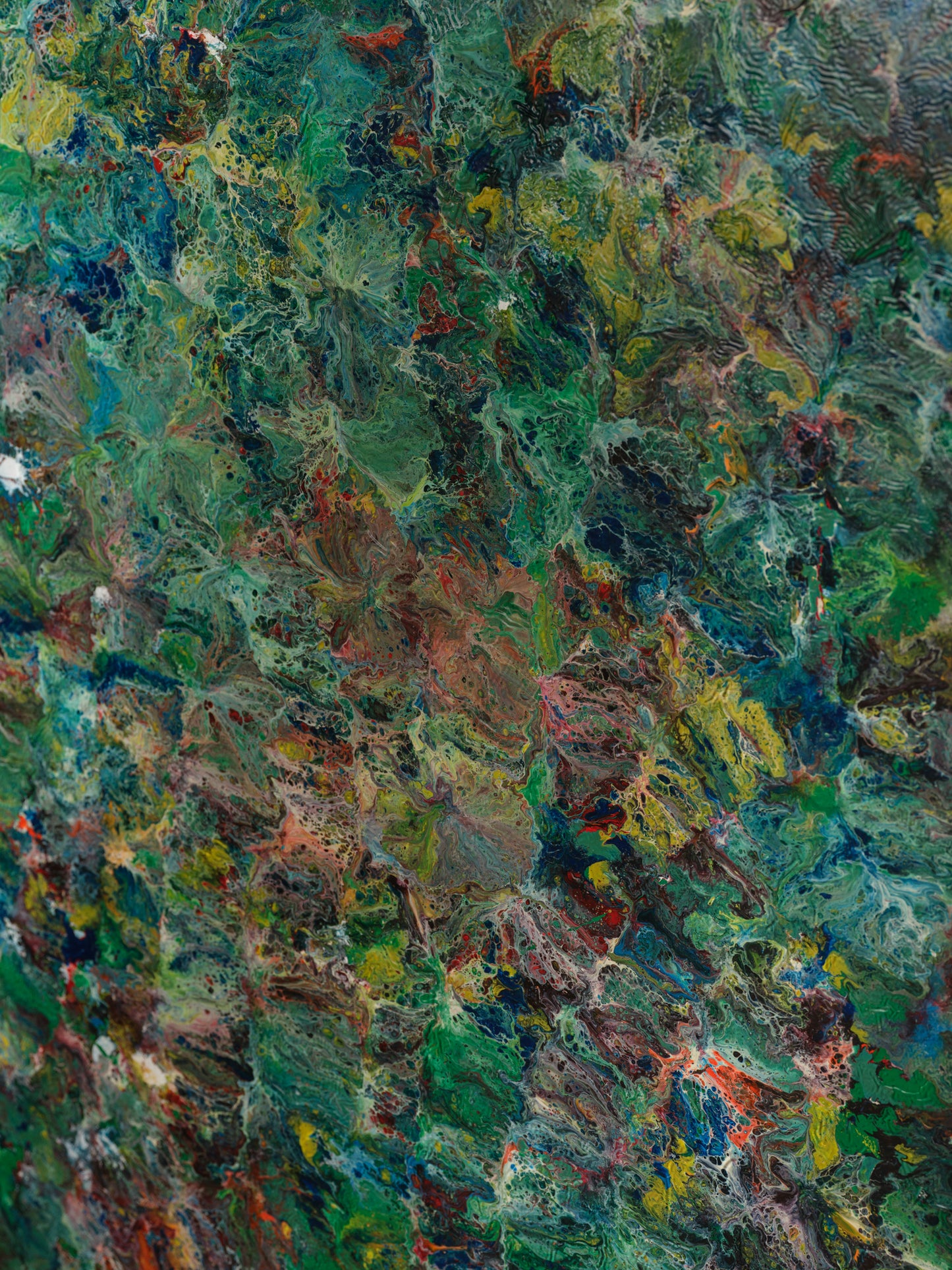 Abstract acrylic painting titled Verdant Drift I, featuring layered green, earthy, and colorful tones evoking organic movement.