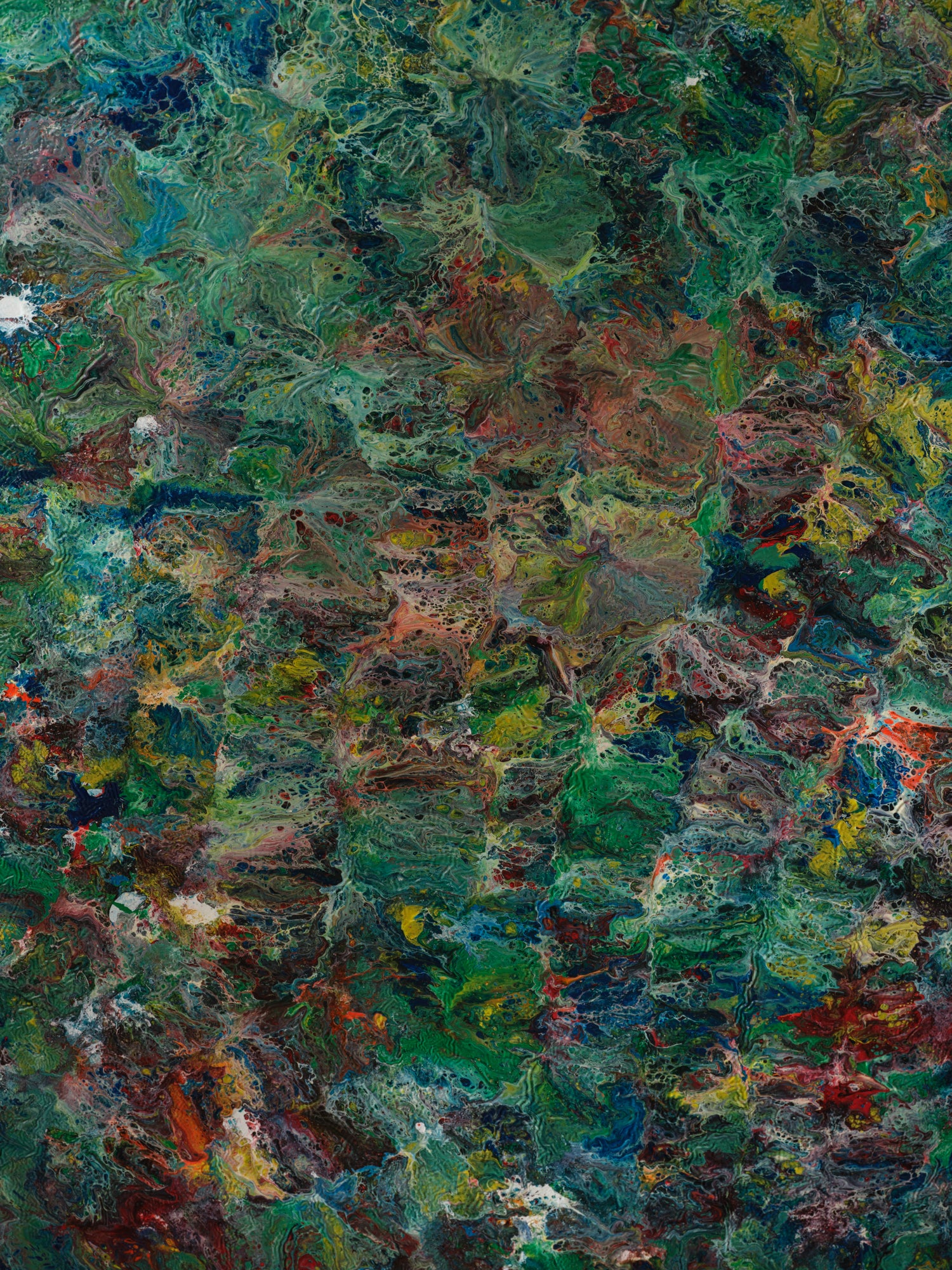 Abstract acrylic painting titled Verdant Drift I, featuring layered green, earthy, and colorful tones evoking organic movement.