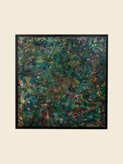 Abstract acrylic painting titled Verdant Drift I, featuring layered green, earthy, and colorful tones evoking organic movement.