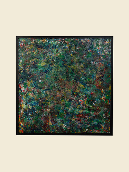 Abstract acrylic painting titled Verdant Drift I, featuring layered green, earthy, and colorful tones evoking organic movement.