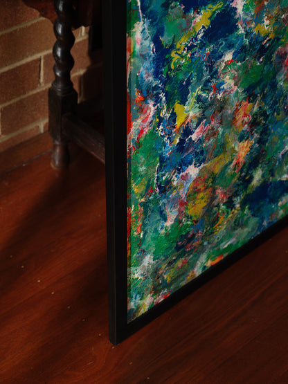 Abstract acrylic painting titled Verdant Drift II, with layered greens, earthy undertones, and vivid color variations suggesting organic textures.