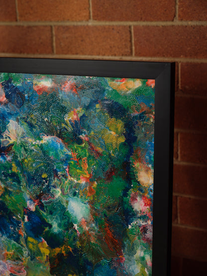 Abstract acrylic painting titled Verdant Drift II, with layered greens, earthy undertones, and vivid color variations suggesting organic textures.