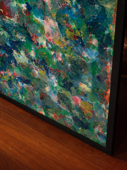 Abstract acrylic painting titled Verdant Drift II, with layered greens, earthy undertones, and vivid color variations suggesting organic textures.
