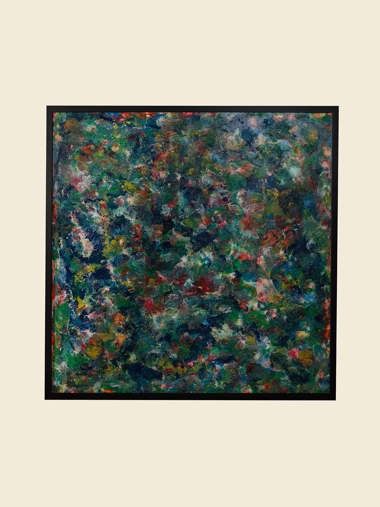 Abstract acrylic painting titled Verdant Drift II, with layered greens, earthy undertones, and vivid color variations suggesting organic textures.