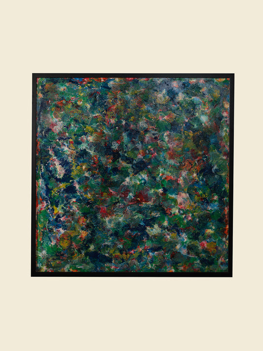 Abstract acrylic painting titled Verdant Drift II, with layered greens, earthy undertones, and vivid color variations suggesting organic textures.