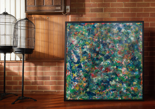 Abstract acrylic painting titled Verdant Drift II, with layered greens, earthy undertones, and vivid color variations suggesting organic textures.