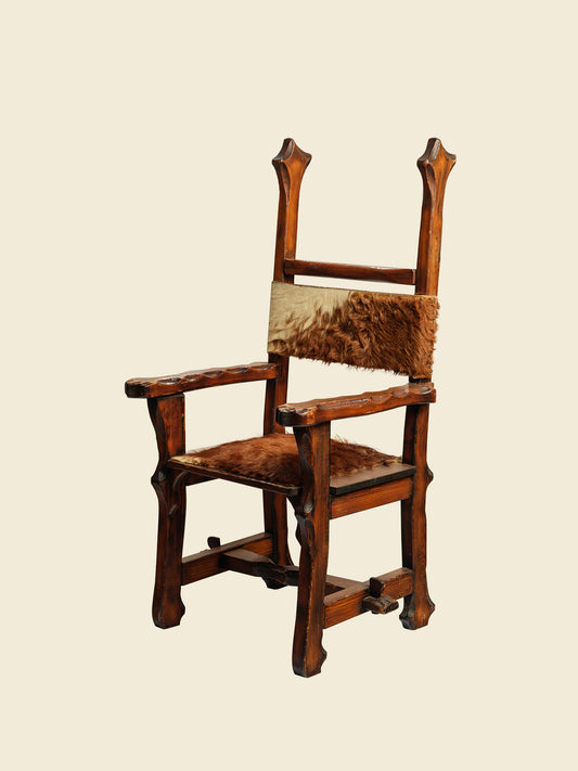 Wooden chair with fur cushion on a beige background