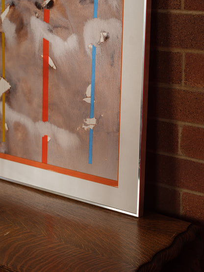 Mixed media artwork titled Weathered Signals, featuring layered earthy textures with vertical signal-like lines in red, yellow, and blue.