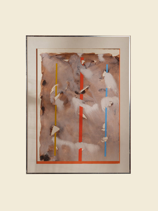 Mixed media artwork titled Weathered Signals, featuring layered earthy textures with vertical signal-like lines in red, yellow, and blue.