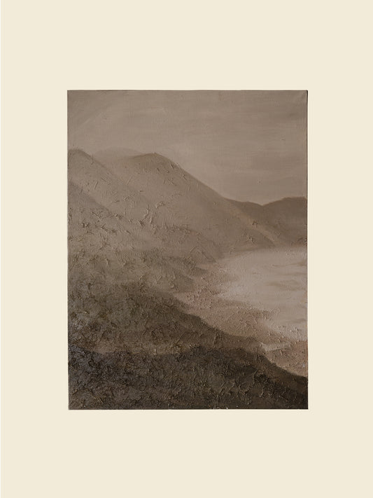 Abstract painting titled Whisper of the Inlet, featuring textured neutral tones of beige, grey, and white depicting a serene coastal landscape.