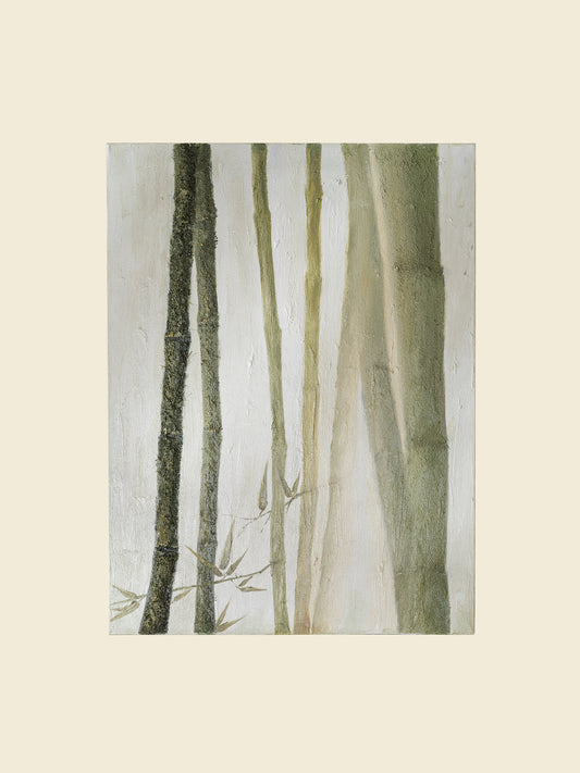 Abstract painting titled Whispering Bamboo, featuring vertical green and white brushstrokes resembling bamboo on canvas.