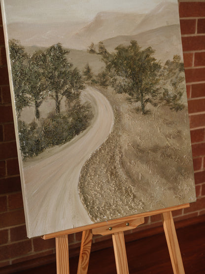 Abstract landscape painting titled Whispering Road, featuring a winding pale road through trees and hills in soft earthy tones