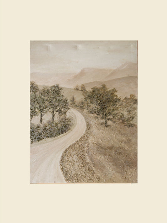Abstract landscape painting titled Whispering Road, featuring a winding pale road through trees and hills in soft earthy tones