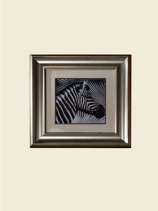 Fine art prints titled Zebra Pair, featuring two framed black and white zebra portraits with bold stripes, sold together as a pair.