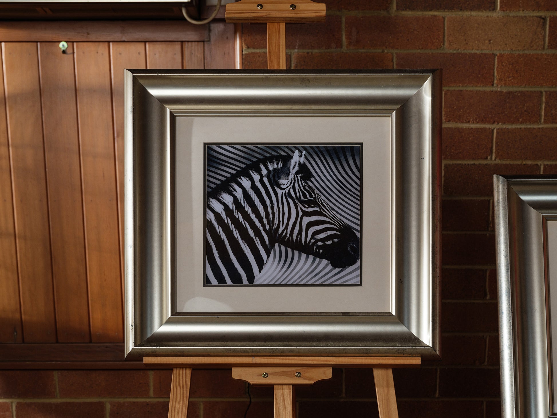 Fine art prints titled Zebra Pair, featuring two framed black and white zebra portraits with bold stripes, sold together as a pair.