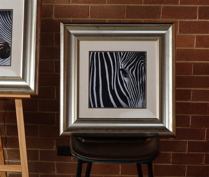 Fine art prints titled Zebra Pair, featuring two framed black and white zebra portraits with bold stripes, sold together as a pair.